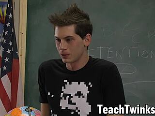 Gay twinks engage in deepthroat and anal play in a classroom