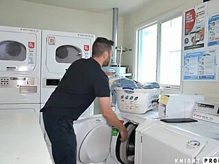 Sofie Marie gives a blowjob and gets facial from her neighbor in the laundry room