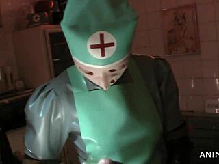 Rubber nurse Agnes performs oral and prostate bondage with lustful penetration and anal fist to climax the scene