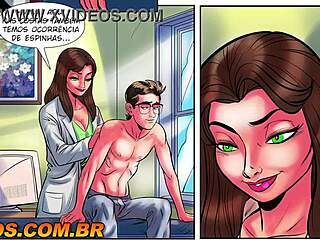 In erotic comic video, doctor and secretary have threesome with nerdy woman