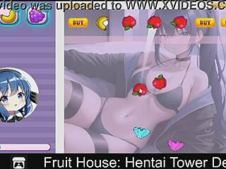 A 2D erotic game with anime style characters protecting fruit themed tower