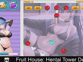 Erotic 2D game with anime-style characters defending a fruit-themed tower