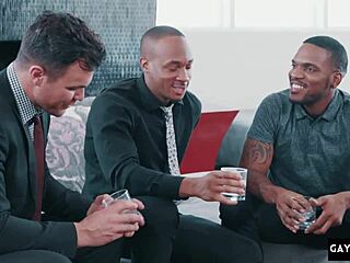 Three gay guys of different races having sex together