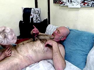 Old housewife sucks and rides bald cock for facial finish