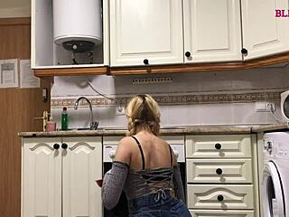 This teen slut in kitchen loves dicks, shaved pussy and fake tits getting pounded