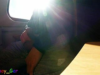 very spontaneous quick gay jerk off and big cumshot on a driving train.
