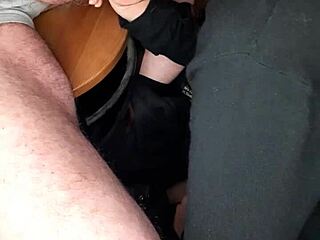 Anime couple shares a close-up moment at work, masked redhead in hentai style