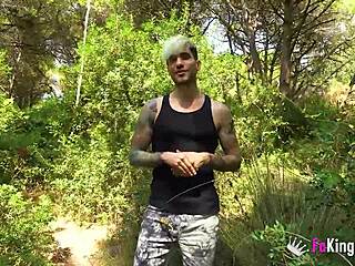 blind outdoor date with a horny dude and great brunette, bent over for doggystyle and blowjob