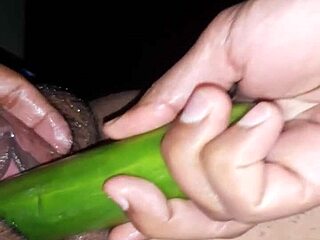 Indian wife in oiled scene with cucumber