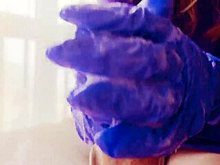 Big dick amateur masturbates in gloves and cums hard