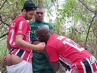 hot gay sex scene with hung black amateurs banging hard in the wild woods