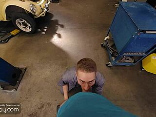 Gay twink mechanic gives blowjob and anal fuck before boss cums