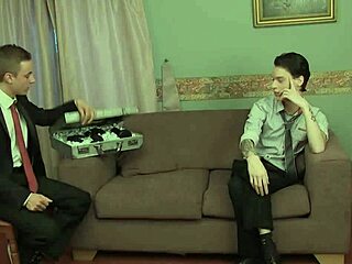 Suited gay twinks Lewis Romeo and Steve Agostina anal breeding