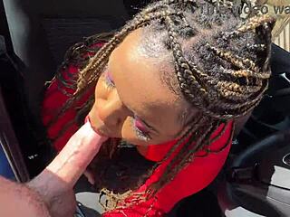 Busty black slut squirts during missionary in car