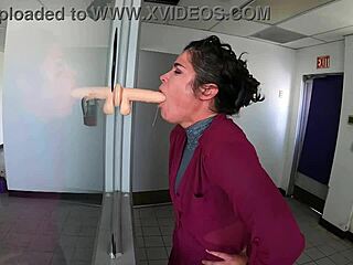 brunette milf sucks dildo and gets cum covered