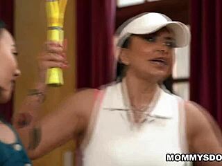 Kimmy Kimm admires stepmom Romi Rian's cute tennis outfit. She convinces her to stay for some playful naughty fun.