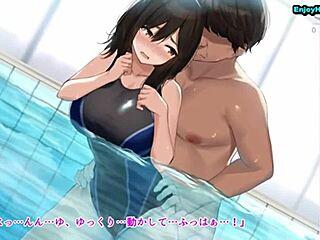 Swimming instructor frets over her breasts in anime scene.