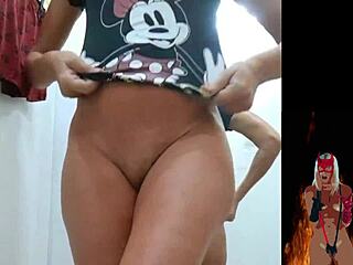 Hot blonde milf flashes pussy and ass in store fitting room.