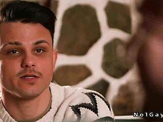 Hot gay hunk Enzo Muller gets sucked and handjobbed before anal fucking by host Bruce Huxley in dining room with monster cock