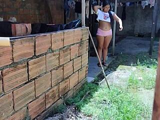 Beautiful brunette takes all the cum from her neighbor