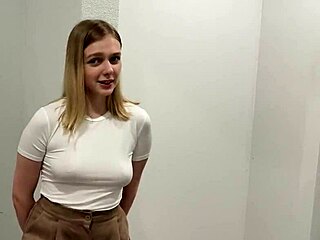 My upstairs neighbor, a brunette, spreads legs in hallway