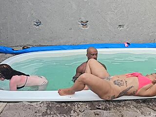 jerking off by the pool then banging two hot chicks. creampie inside their tight lingerie-clad bodies!