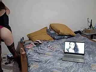 Sexy French slut in black satin dress gets licked and fucked doggystyle