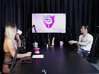 Blonde strips in sheer red lingerie at swingers house after guest's comment.