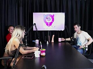 Blonde strips in sheer red lingerie at swingers house after guest's comment.