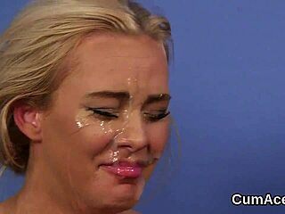 Wow! Hot babe gets sperm blasted on her face, sucking every drop of love juice!