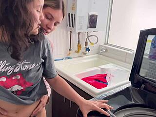 two latina lesbians sneak some quiet action, kissing and grinding in the kitchen