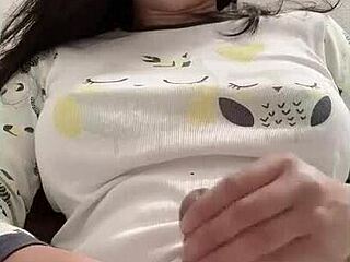 Watch this shemale clamp her big cock with hair while stroking it intensely in solo play