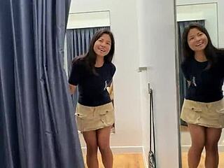 Damn, 18yo Asian Sucks Cock in Fitting Room!