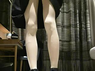 tranny femboy jerks off in black dress with huge cumshot