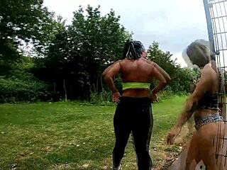 Hot lesbian bodybuilder squirts during personal training with big clit tattoo