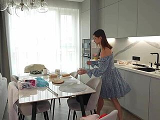 This busty babysitter craves sex, cumming hard with those big boobs.