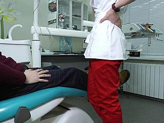 Hot dentist with glasses gives deepthroat and swallows cum