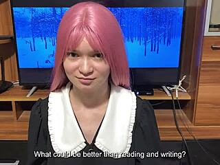 Step sister tries on a new student uniform for blowjob practice and shows her step brother her impressive skills