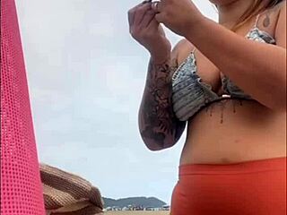 swollen wet pussy on the beach flashing for big cock