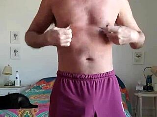 pervy papifachero rubbing his daddy bulge in n2n shorts and pink thong to stay warm