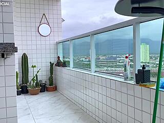 Voyeur delight watching my Latina neighbor clean in shorts!