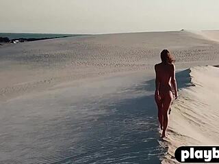 Medium tits brunette poses naked outdoor with sexy bubble butt