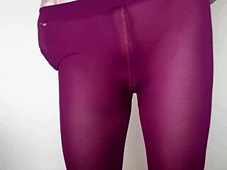 subtle cum tease on sexy burgundy leggings in latest update