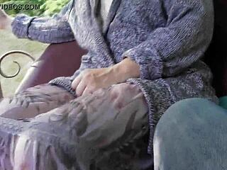 Hairy mature woman boldly flashes her beaver under skirt on the carriage