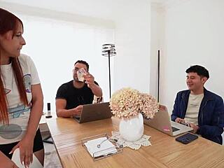 Hot young guy says, 'Let's pay my mute employee for a threesome and fuck her while stepmom sleeps!'