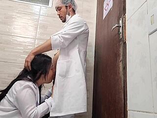 Hot nurse sneaks to hospital bathroom with doctor for fun.