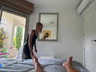 Milf in leather masturbates, sucks, and I fuck her hard