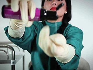 In the hospital, a nurse with latex gloves checks a patient, exploring her fetish.