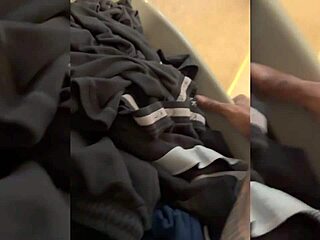 Asian woman gets creampie during doggystyle in laundry room