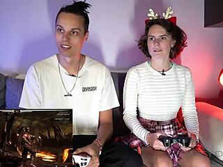 Playing strip game on PS4 with mature teacher and student